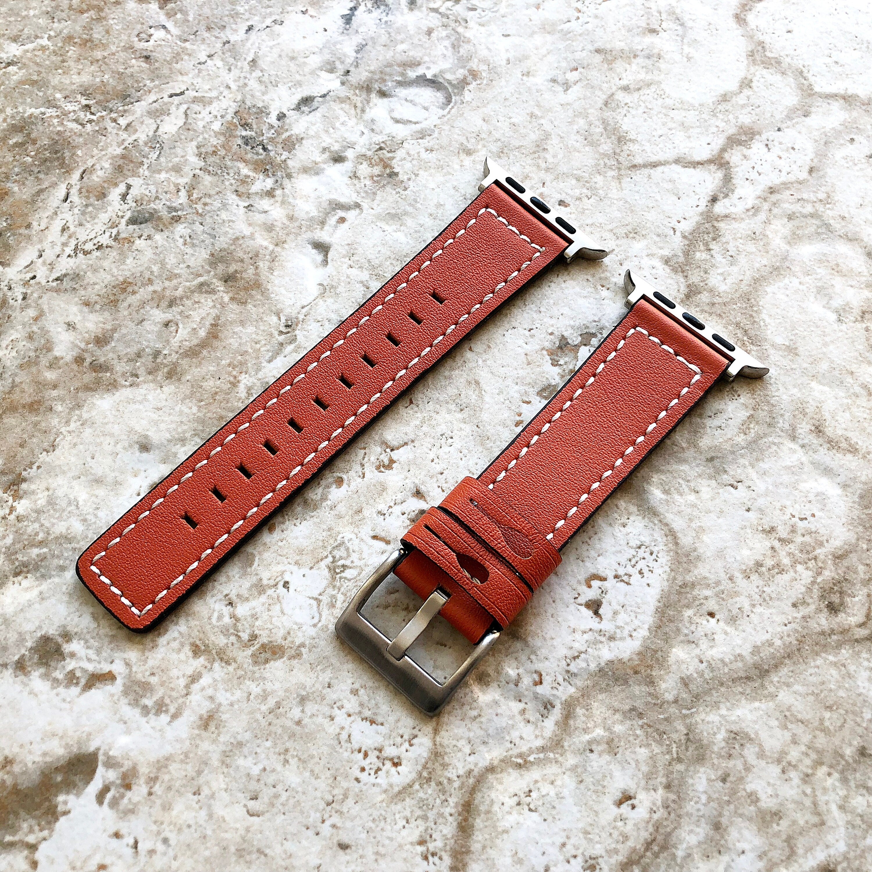 Apple Dark Orange Soft Leather Band Straps with White Stitches for iWatch All Series 38mm 40mm 41mm 42mm 44mm 45mm 49mm Case Bracelet
